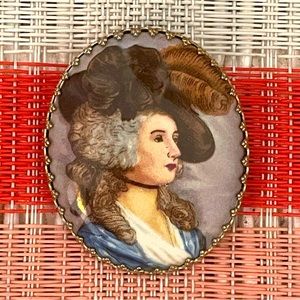 Vintage Cameo Lady Feather Hat  Portrait Brooch Pin Jewelry